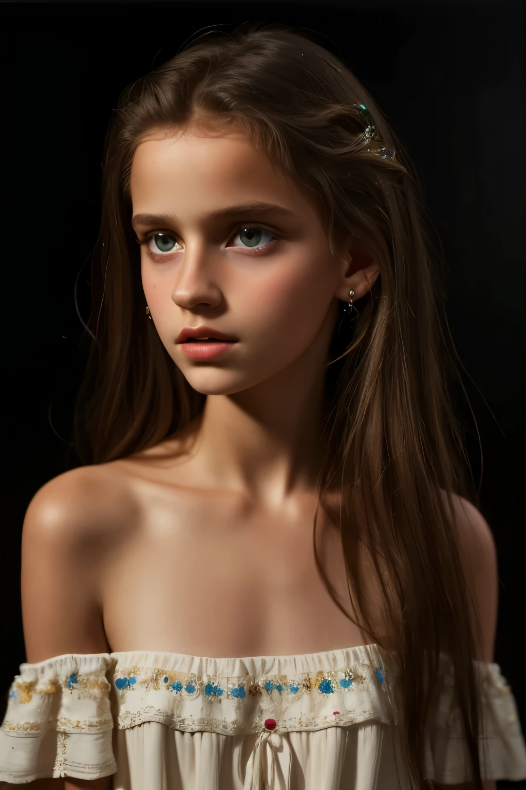 12 years old eleonora girl ,full body, professional, photoshoot Best quality, masterpiece, ultra high res, (photorealistic:1.4), raw photo, 1girl, offshoulder, in the dark, deep shadow, low key, cold light, detailed skin, casual dress