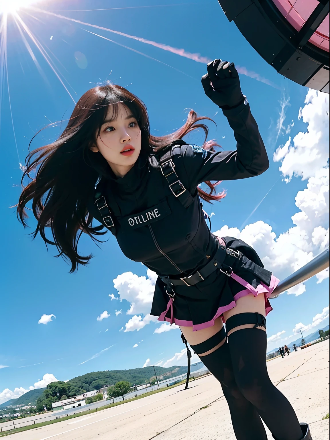 Jump skydiving scene, black pink Lisa parachuting with long hair flying in a mess, black police uniform, harness, flowing pink miniskirt, in a panoramic view, anatomically correct, above knee portrait photo, very realistic, material reflective and dispersive. Dispersion of light and sunlight, and clouds high detail, high quality