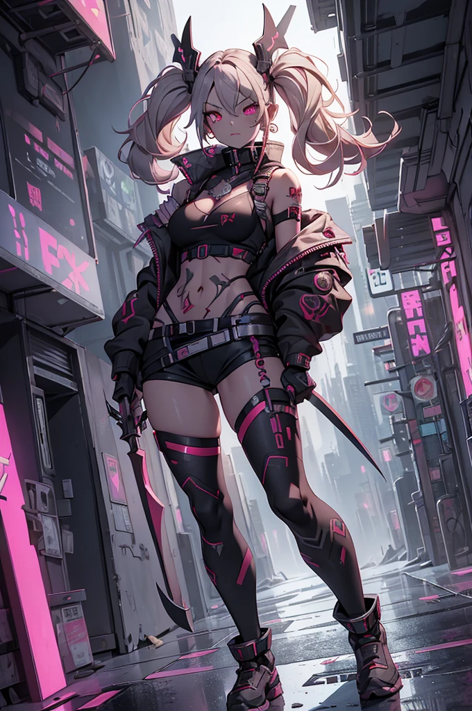 a girl, rebecca \(cyber punk\), ((Full body, He holds a large sickle in his right hand and carries it on his shoulder.,dynamic angle:1.35)),one women,Blonde twisted twin tails, glowing red eye,laugh fearlessly, Bein Tattoos, Tattoo on the neck,  big , black bra, line, red pupils, Leader catch, red eye, black jacket,cyber punk,Cyber Cityscape,