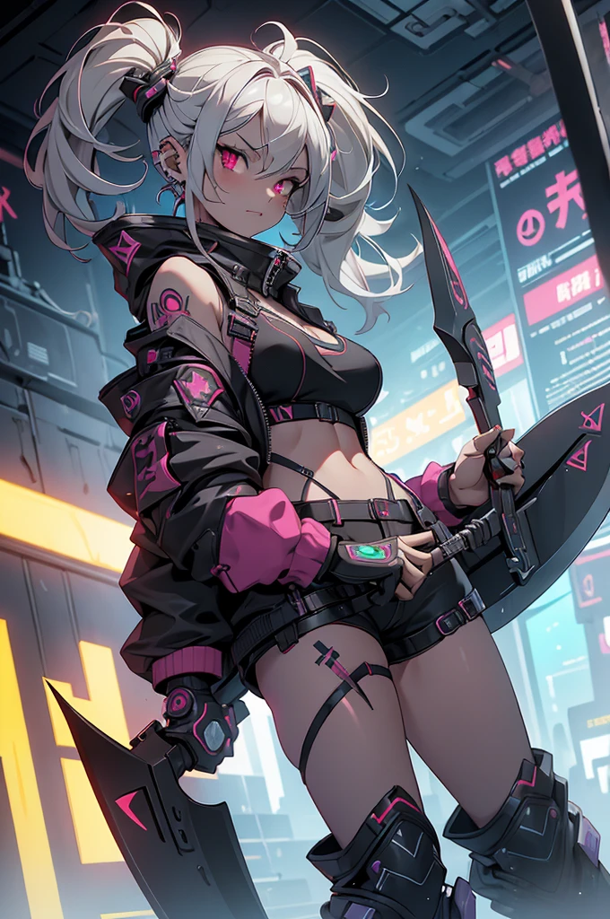 a girl, rebecca \(cyber punk\), ((Full body, He holds a large sickle in his right hand and carries it on his shoulder.,dynamic angle:1.35)),one women,Blonde twisted twin tails, glowing red eye,laugh fearlessly, Bein Tattoos, Tattoo on the neck,  big , black bra, line, red pupils, Leader catch, red eye, black jacket,cyber punk,Cyber Cityscape,