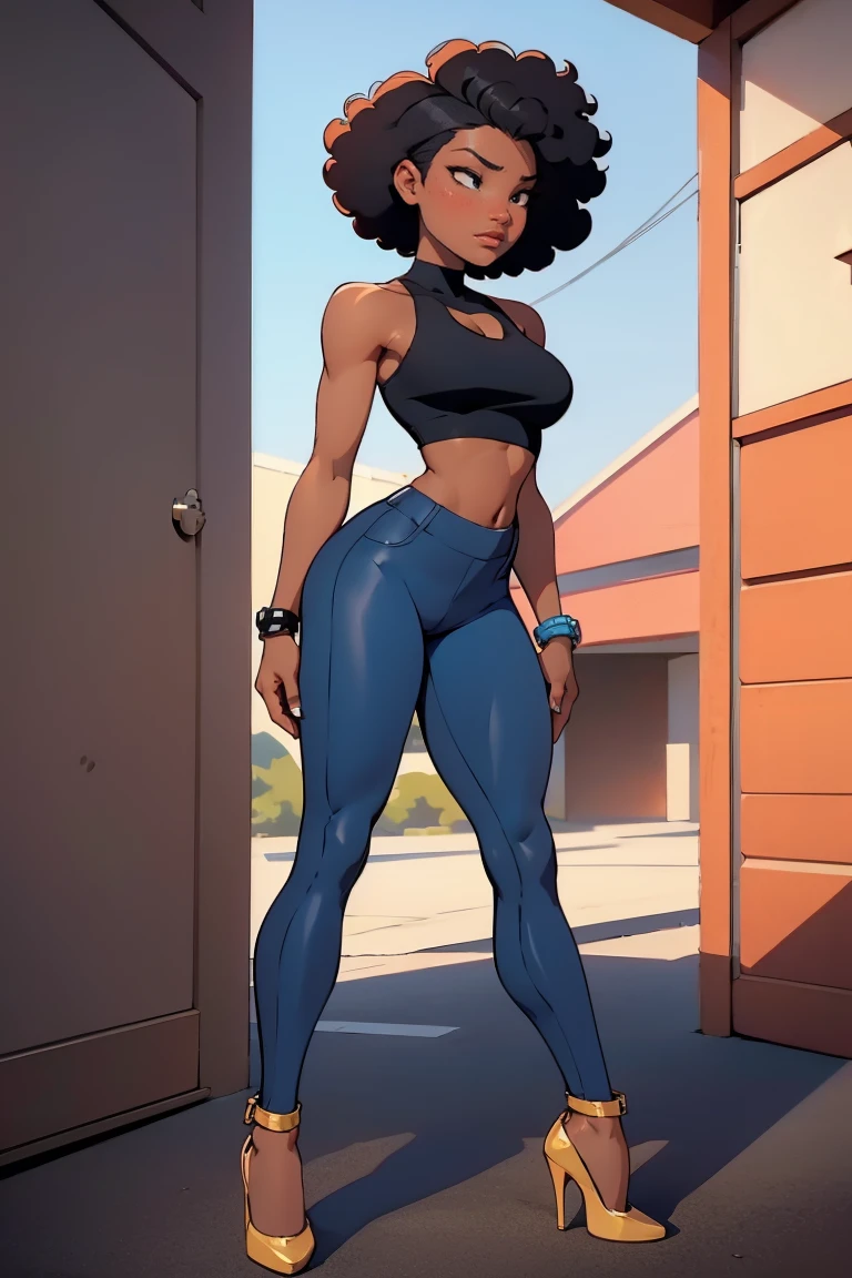 chica afroamericana, piel oscura, detrás de la vista, corte de pelo afro, 1 chica, solo, (leggins negros) (camiseta sin mangas corta), Zapatos de tacón alto, sin mangas, Caderas anchas