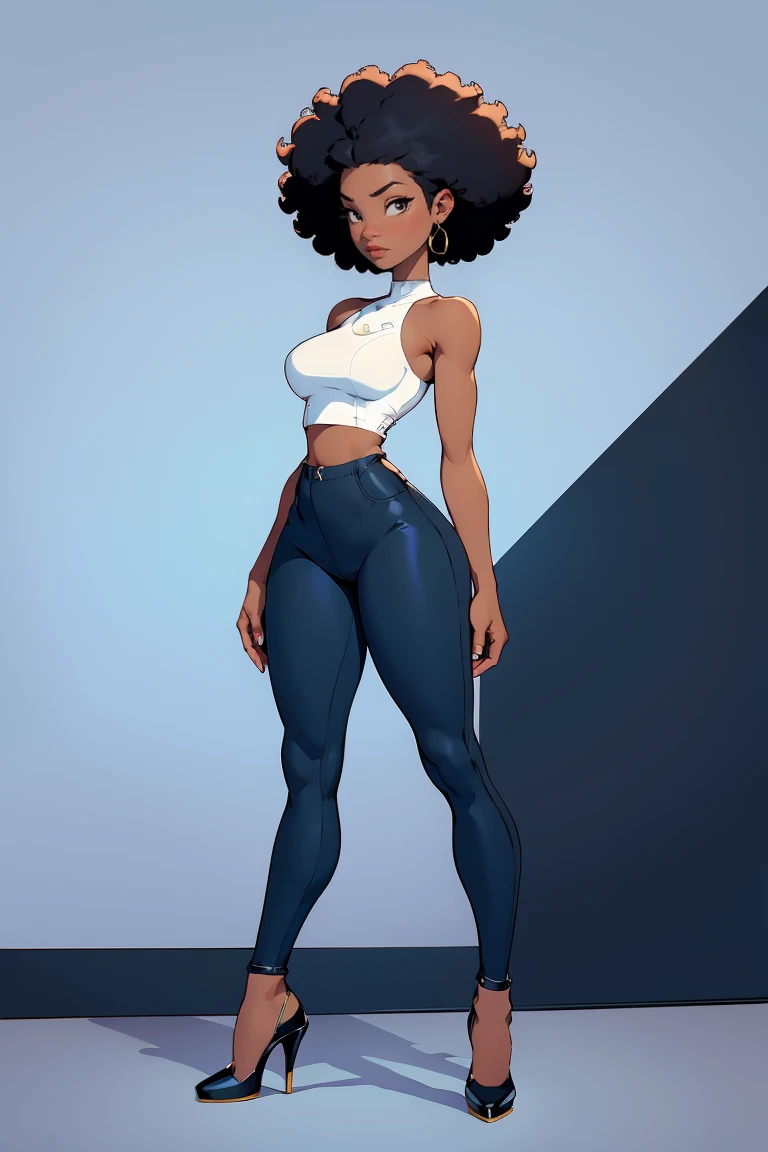 chica afroamericana, piel oscura, detrás de la vista, corte de pelo afro, 1 chica, solo, (leggins negros) (camiseta sin mangas corta), Zapatos de tacón alto, sin mangas, Caderas anchas