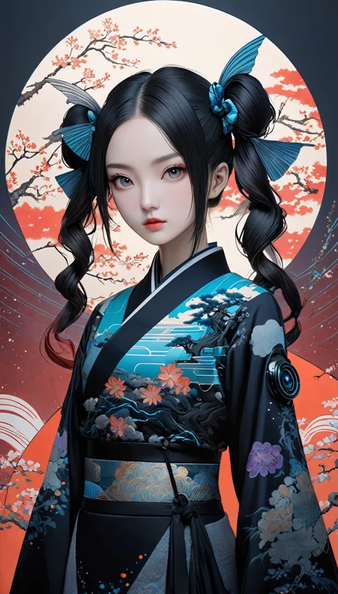 Twin tails, Aesthetic harmony of dark colors, Gothic Cyberpunk, A miraculous fusion with Ukiyo-e, Creating a fantastical view of the universe with a holographic transparent coating, BREAK Professional spray work, Detailed and intricate texture, Detailed and intricate brushwork, Detailed and clear depiction, Anatomically correct, Absurd aesthetics, BREAK Highest quality, Highest Resolution, Octane Rendering, super retina vision, 