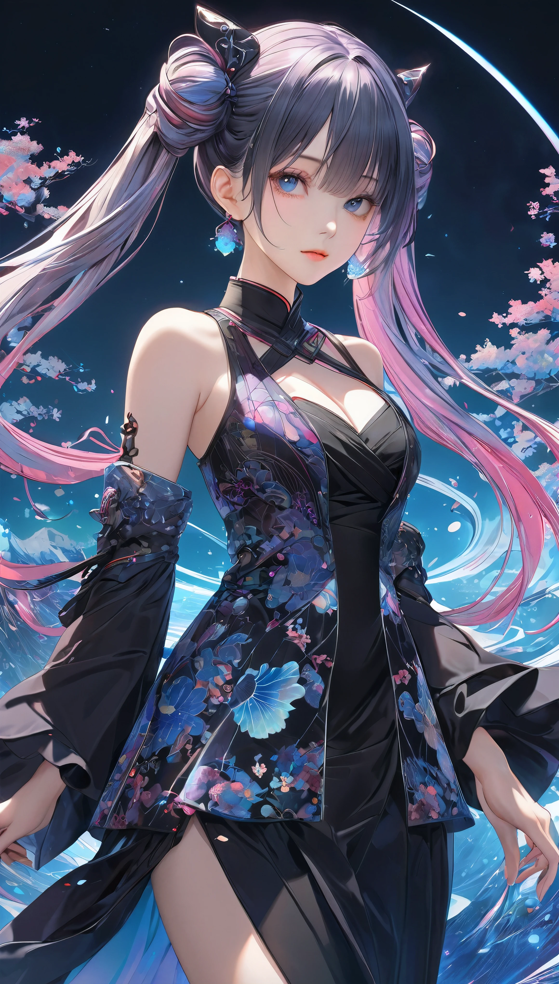 Twin tails, Aesthetic harmony of dark colors, gothic cyberpunk, A miraculous fusion with Ukiyo-e, Creating a fantastical view of the universe with a holographic transparent coating, 
BREAK Detailed and realistic skin texture, (I can see her cleavage, The suppleness of silk, Silk luster, silk texture), 
BREAK ((Luxurious and luxurious clothing, Sleeveless)), Transparent iridescent gradient, Alluring, (The transparency of the costume:1.3), 
BREAK: Dyeing clothes with fluorescent neon colors, Microscopic transparent iridescent gemstones border the outline, 
BREAK Professional spray work, Detailed and intricate texture, Detailed and intricate brushwork, Detailed and clear depiction, Anatomically correct, Absurd aesthetics, 
BREAK A dark background that makes the subject stand out, dramatic cinematographic lighting, 
BREAK Highest quality, Highest Resolution, Octane Rendering, super retina vision, 