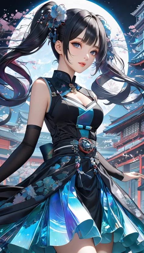 Twin tails, Aesthetic harmony of dark colors, gothic cyberpunk, A miraculous fusion with Ukiyo-e, Creating a fantastical view of...