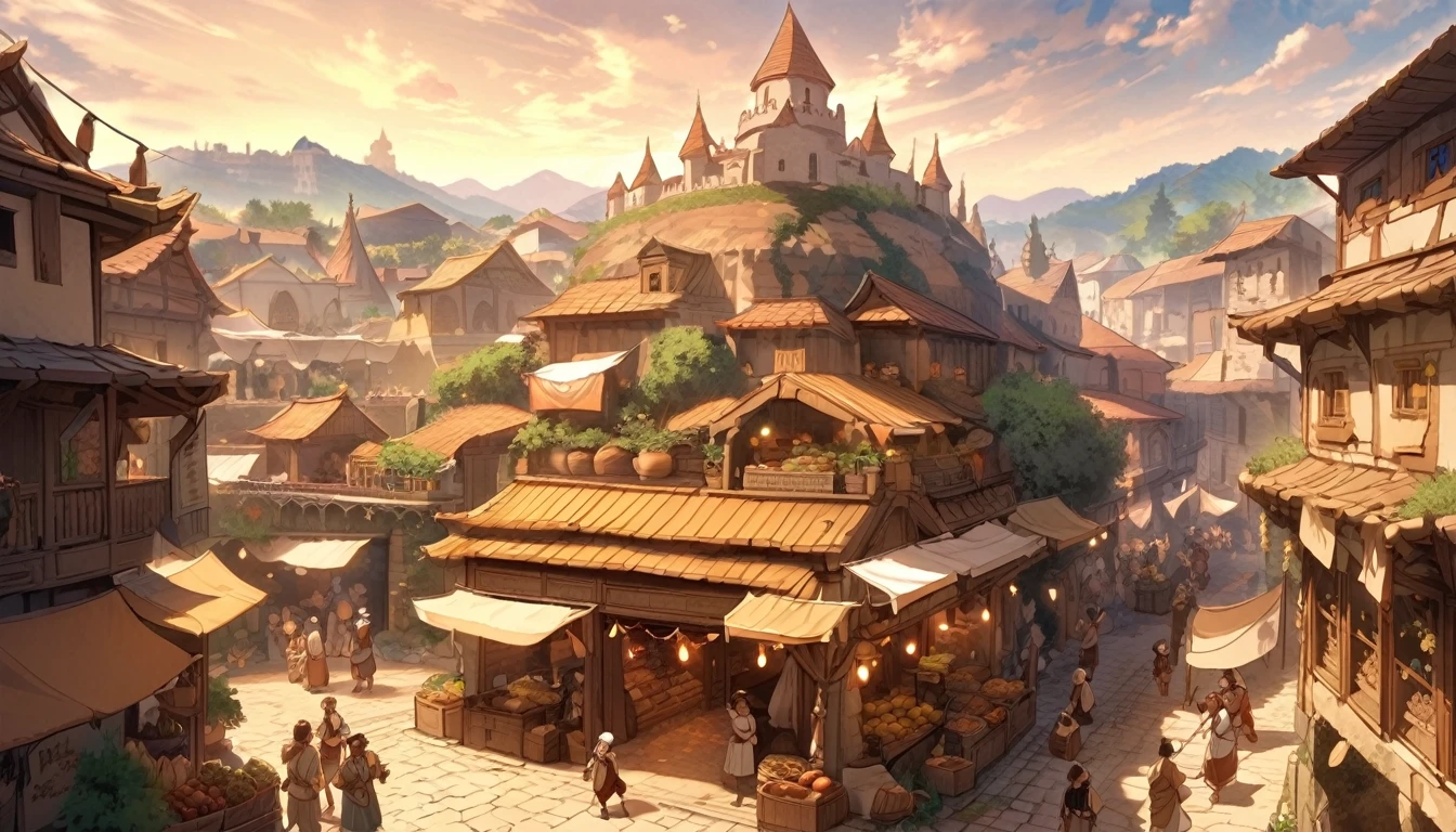 Grande castelo, A atmosfera da cidade antiga, o mercado, Os aldeões, a comunidade é brilhante.grandes cavaleiros de lobo , as crianças se divertem