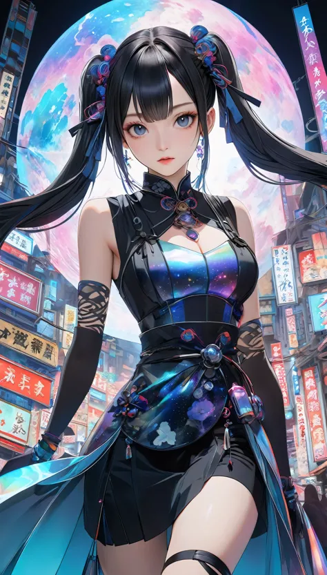 Twin tails, Aesthetic harmony of dark colors, gothic cyberpunk, A miraculous fusion with Ukiyo-e, Creating a fantastical view of the universe with a holographic transparent coating, 
BREAK Detailed and realistic skin texture, (I can see her cleavage, The suppleness of silk, Silk luster, silk texture), 
BREAK ((Luxurious and luxurious clothing, Sleeveless)), Transparent iridescent gradient, Alluring, (The transparency of the costume:1.3), 
BREAK: Dyeing clothes with fluorescent neon colors, Microscopic transparent iridescent gemstones border the outline, 
BREAK Professional spray work, Detailed and intricate texture, Detailed and intricate brushwork, Detailed and clear depiction, Anatomically correct, Absurd aesthetics, 
BREAK A dark background that makes the subject stand out, dramatic cinematographic lighting, 
BREAK Highest quality, Highest Resolution, Octane Rendering, super retina vision, 