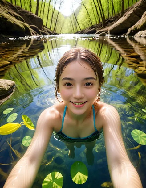 dynamic angle, (close up face), ultra detailed beautiful photograph, in a pristine spring in the forest, a girl is swimming joyf...