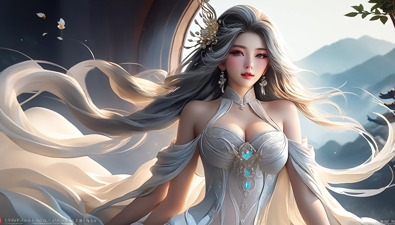 Woman in transparent dress,Viewer,(((Full breasts, Keeley University))),Slim waist,(Navel exposed,Bare waist), Long hair, extreme detailed details, Detailed fantasy art, Stunning character art, Beautiful and exquisite character art, Beautiful transparent dress, Very detailed, Girl wearing flowing Hanfu, Exquisite headpieces and jewellery,Crystal jewelry filigree, galaxy, Stunning visuals, (Dynamic Stripes, light rail:1.2), Vibrant colors,Long hair动漫女孩和狐狸, 美丽的白金色Angel女士, 白毛Angel, Beautiful character painting, Beautiful anime portrait, Angel翅膀的女孩, a beautiful Angel woman, Mystical artwork, Guweiz, by Ren Renfa, Angel, Large Breasts，Full breasts，Golden ratio figure，Perfect body，Ultra wide-angle shooting，Full body shot，Body close-up，Full body shot，Wearing a pleated tulle skirt，Soft anime illustration, Soft dark background，Fujifilm XT3 Clear focus, f 5.6, High Detail, Clear focus, Dramatic, (Wearing openwork clothing), (Looking at the audience:1.8), (Natural light), (Tempting)translucent, Good velvet quality, Compared, Divine Light,, Silver gray hair, Sky background, Absolute Strength,女性Angel，Girl in sexy silk,，Large Breasts，Full breasts，Golden ratio figure，Perfect body，Ultra wide-angle shooting，Full body shot，Body close-up，Full body shot， Wearing a tulle dress, Model shooting style, Large Breasts，Full breasts，Golden ratio figure，Perfect body，(Extremely detailed CG 8k wallpaper unit), The most beautiful artistic photos in the world, , 8K Ultra HD, ) On the big white bed，Lazy gesture，Charming and seductive expression，best quality,masterpiece,Ultra-high resolution,(Practical:1.4),original photo,Ultra-high resolution，White skin，Exquisite makeup，Long legs，Bright beautiful eyes，用深色眼影打造Exquisite makeup，