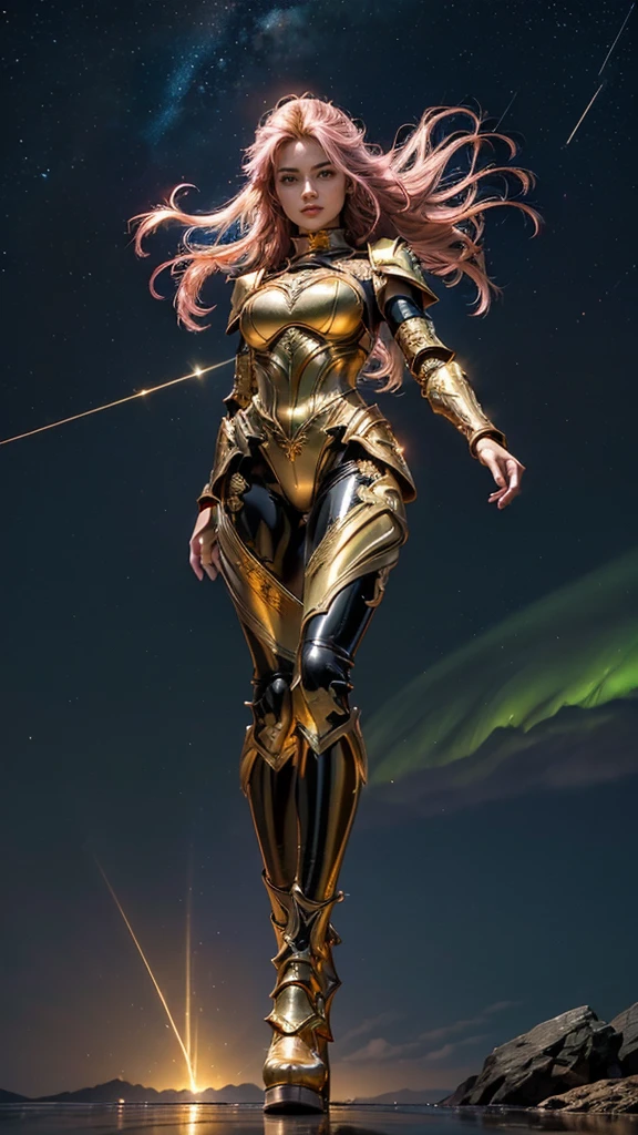 ((best quality)), ((masterpiece)), (ultra detailed lights), ((full body:1.3)), ((skinny body)), 1girl, extremely beautiful, ((slim body)), thighs gap, ultra face details, 20 years old, ((pink curvy-hair)), ((hair blown by strong winds :1.3)), Award-winning photograph, ((symmetrical pose)), ((full body golden black armor)), posing in the middle, intricate details, ((thight golden armour)), ((extremely details armor)), ((tight latex pants)), ((24k-gold armor)), ((edge luminous armor)), cameltoe, luminescent, epic lights reflections, at beach, full of stars, orange clouds, nebula sky, epic aurora borealis in the background, shooting stars, ((from below))