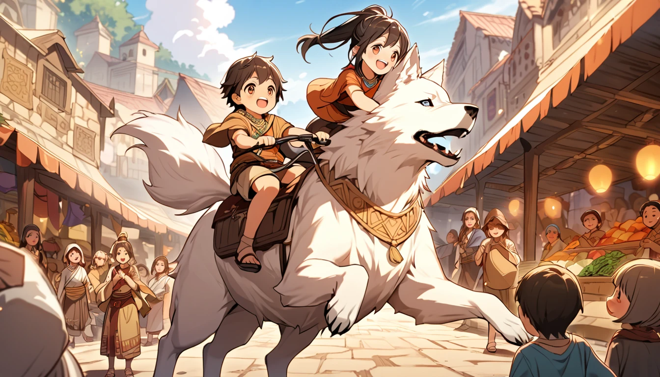 The children rode a large white wolf. Characterized by a happy mood The atmosphere of the ancient city, market, villagers, bright community, riding a big wolf, children having fun.
