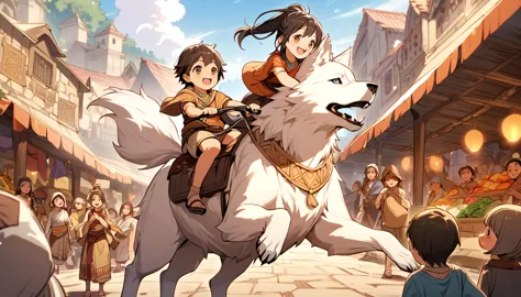 The children rode a large white wolf. Characterized by a happy mood The atmosphere of the ancient city, market, villagers, brigh...