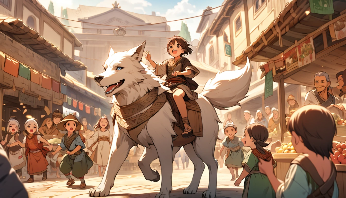 As crianças montaram um grande lobo branco. Caracterizado por um clima alegre A atmosfera da cidade antiga, mercado, aldeões, comunidade brilhante, montando um grande lobo, crianças se divertindo.