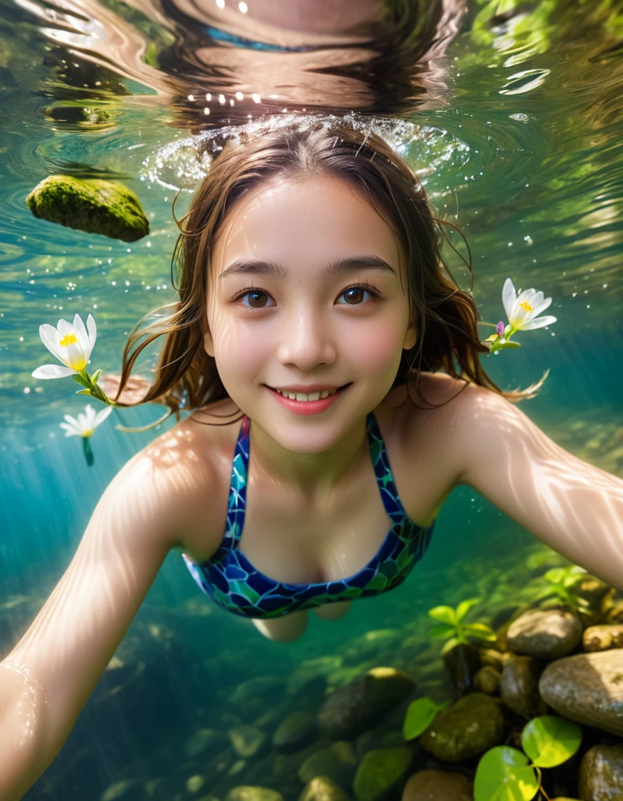 dynamic angle, (close up face), ultra detailed beautiful photograph, In a pristine spring in the forest, a girl is swimming joyfully. Her smile shines like the surface of the water reflecting the sunlight. The spring water is clear, and colorful stones can be seen at the bottom. She swims freely in the spring, splashing water around. It’s as if she has become one with nature.