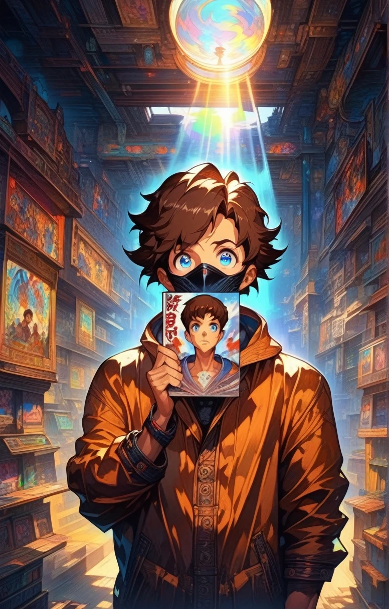 A beautiful Anime-Serie style close shot boy with brown hair, Er trägt eine schwarze Maske, die seinen Mund bedeckt, in einer sonnigen Umgebung stehen, detaillierte Gesichtszüge, sehr detaillierter Charakter, Beleuchtung, glühendes Sonnenlicht, leuchtende Farben, digital Kunst, Meisterwerk, Manga-Filme, Anime-Serie, Kunst
