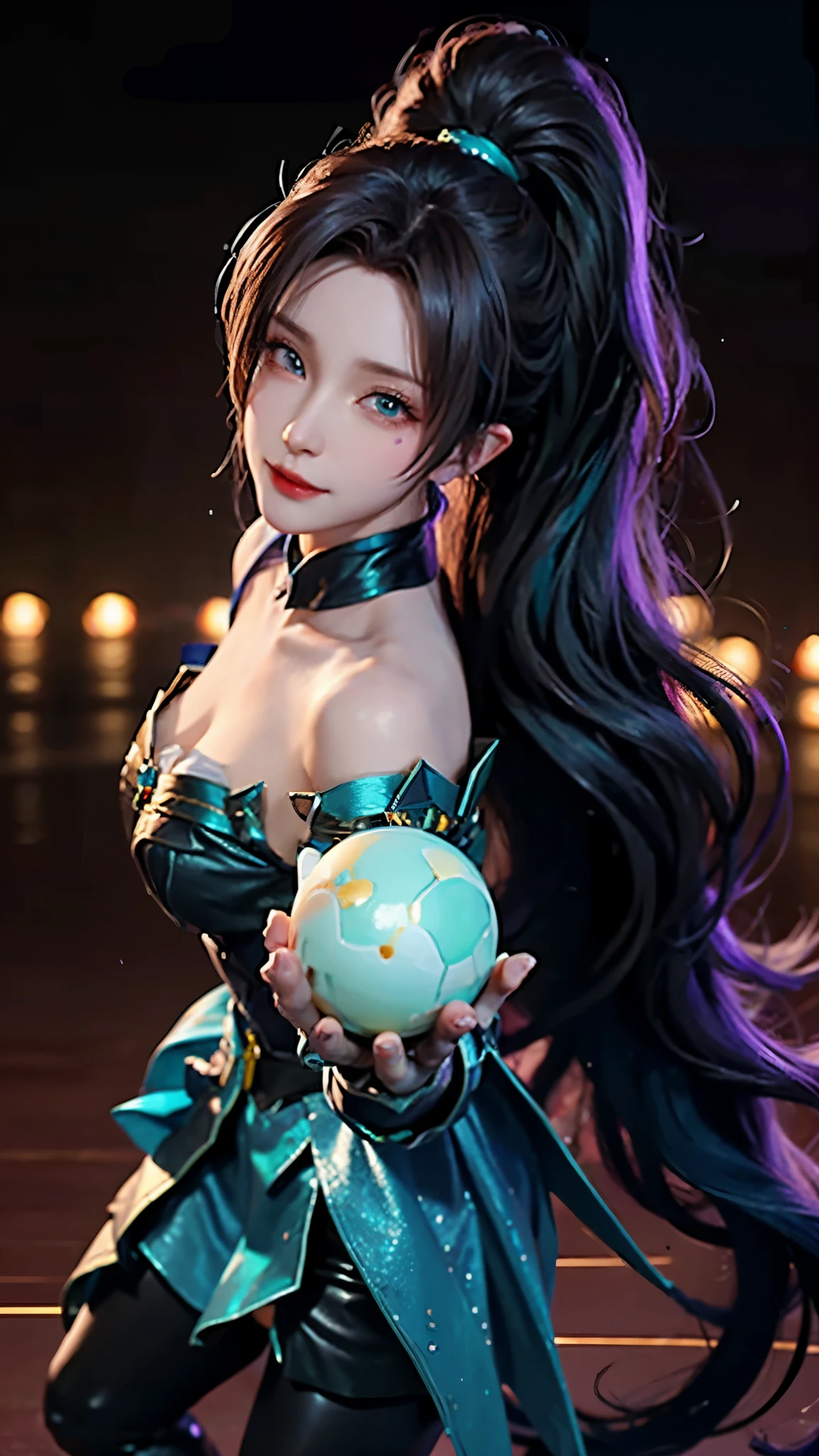 4k ultra high definition、best quality, masterpiece, Ultra-high resolution, (Reality: 1.4), 1 girl, Purple Eyes, Off-the-shoulder sweater dress, Light、purple and black hair、(My girl、My cosmetics)、(Danteidong、Large Breasts、Oversized off-the-shoulder black T-shirt、Dark miniskirt)、((Dark Makeup、Oily skin,有Light泽的皮肤、Realistic skin texture、Delicate and beautiful skin、容Light焕发的皮肤)), Dark city center at night、Kabukicho、Dark cyberpunk、(panoramic:1.8)(masterpiece, best quality, Extremely detailed, The best shadow), (Detailed background,Dark Fantasy), (Beautiful and delicate face), High contrast, (Optimal Lighting, Extremely refined), ((Light)), Colorful, Ultra Detailed, 戏剧性的Light, Intricate details, (1 girl, solitary,Black Hair, Pointed face,Low double ponytail,Red Eyes, Hair between the eyes,Dynamic Angle), Blood splatter, Black Light swirling around the character, Depth of Field,Black Light particles,(shattered glass),Magic Circle,Foxman, Furry ears, Ultra-clear, Detailed depiction, Detailed legs, Oily skin, Texture, best quality, 最好的Light线, White sweater, White tight yoga pants, Detail face, clavicle, The legs are long, very long, Long hair random color, Eye color random, Light污染, 8K, 3d, Hair accessories with bows, Large target, Smile, Express, action, sailor, Hand-refined, 8K HD, Star Guardian, Oily skin, Best Angle, Ultra-high-definition picture quality, role play, Unreal Engine, 最佳Light泽, best quality, masterpiece, Highest image quality, (((Hand holding a turquoise ball,)))