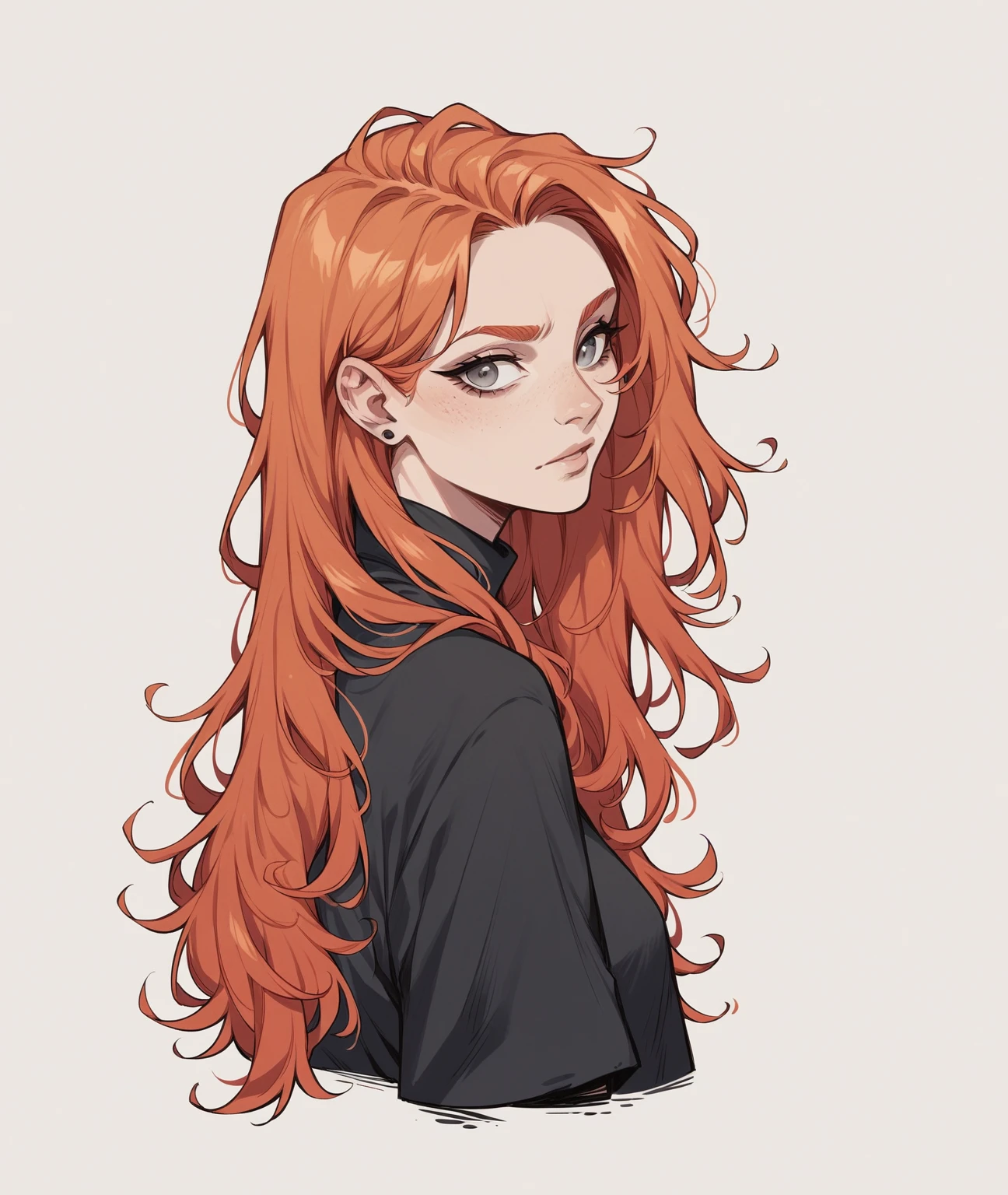 score_9, score_8_up, score_7_up, score_6_up, w00f, simple background, 1woman, a drawing of a woman with long hair and a black shirt, half body, ginger hair, grey eyes, frearkles