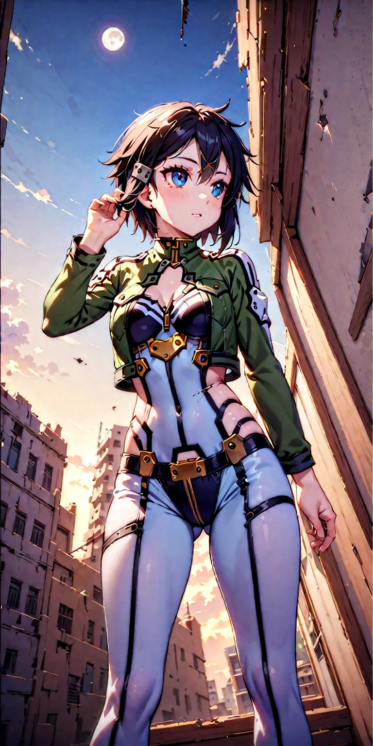 A girl(16 years old), sinonggo, short hair with pale blue color, looking to the sky, one hand holding the hair, behind the view, standing on top of a building, the sky is so beautiful, (the night sky with the falling of stars), the moon is so beautiful in the middle top view, (there are many damaged buildings), silent place, beautiful view, the night wind blowing,from below, BREAK ,quality\(8k,wallpaper of extremely detailed CG unit, masterpiece,hight resolution,top-quality,top-quality real texture skin,hyper realisitic,increase the resolution,RAW photos,best qualtiy,highly detailed,the wallpaper,cinematic lighting,ray trace,golden ratio\),long view