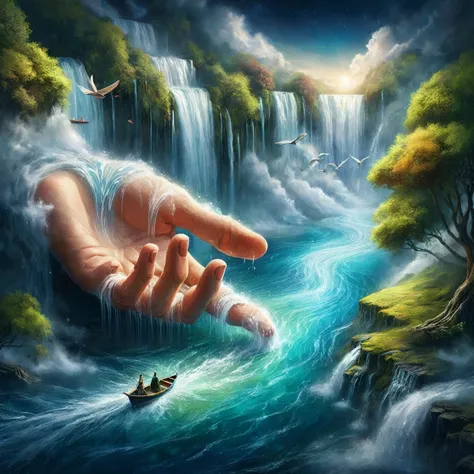 painting of a hand with a waterfall and a boat in the middle, dream scenery art, magic art flowing from hands, beautiful digital...
