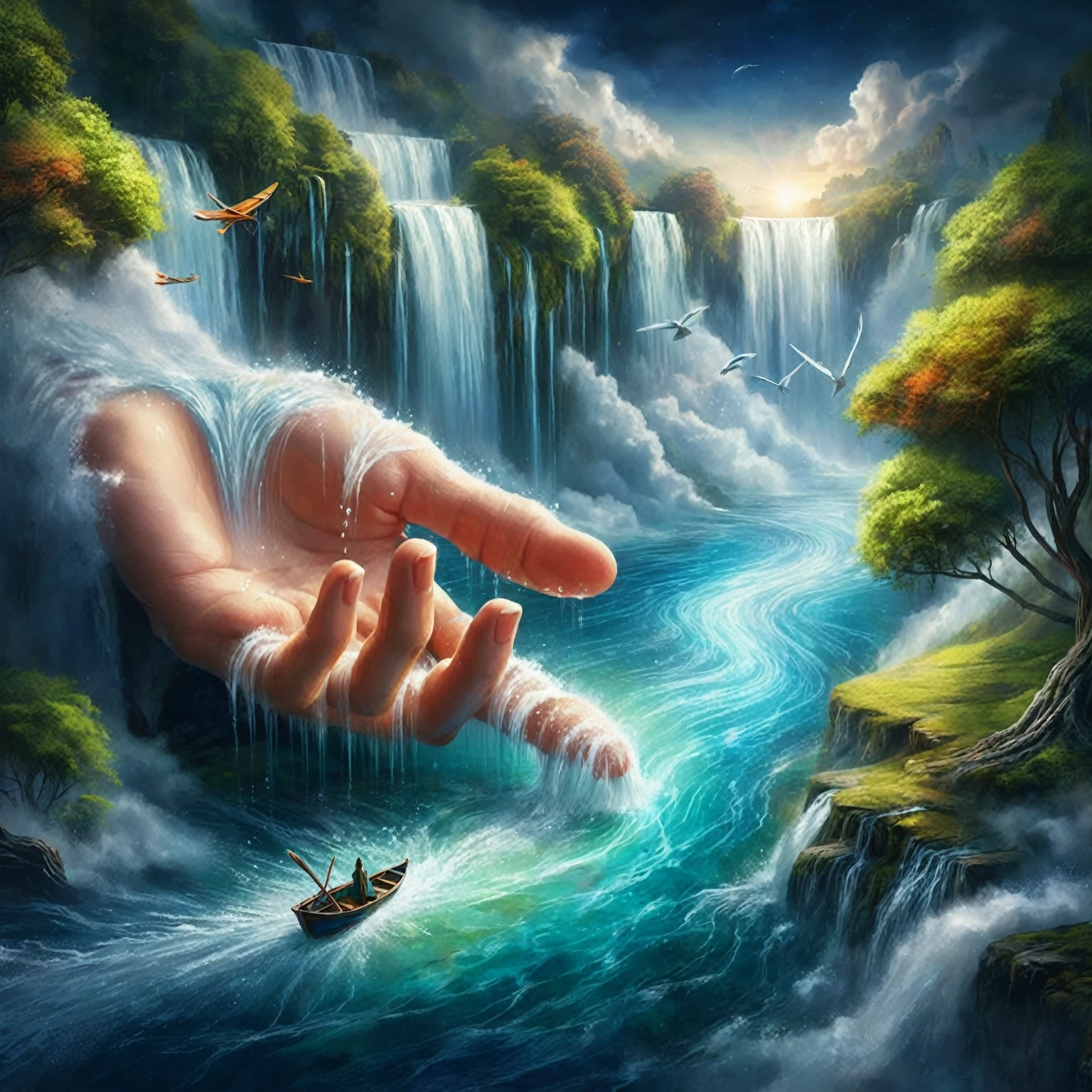 pintura de uma mão com uma cachoeira e um barco no meio, arte de cenário de sonho, arte mágica fluindo das mãos, linda arte digital, pintura da natureza, arte de cenário detalhada, arte surreal na água, very linda arte digital, pintura surrealista, pintura artística, arte surreal, ótima arte digital com detalhes, realista surreal, Manipulação da Arte da Água, pintura incrível, pintura de paisagem virtual 3d