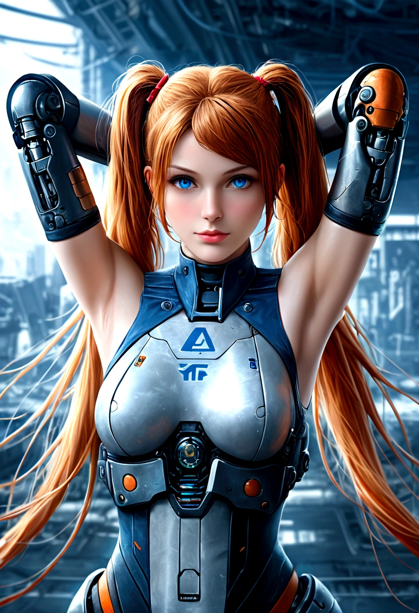 la science-fiction,fille, Long_Twintails, Bras robotique,  Uniformes militaires technologiques,yeux bleus, Levez les bras, Contexte de guerre