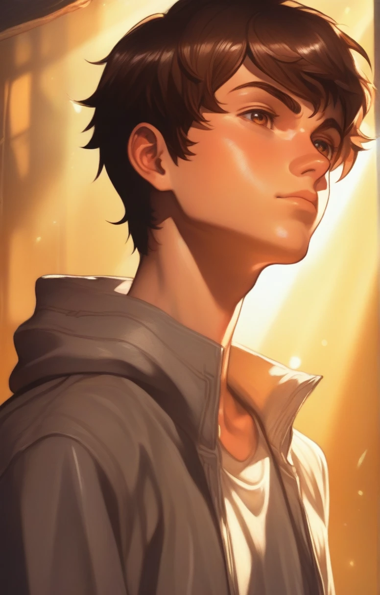 A beautiful Anime-Serie style close shot boy with brown hair, in einer sonnenbeschienenen Umgebung stehen, Gesichtszüge, sehr detaillierter Charakter, Beleuchtung, glühendes Sonnenlicht, leuchtende Farben, digital art, Meisterwerk, Manga-Filme, Anime-Serie