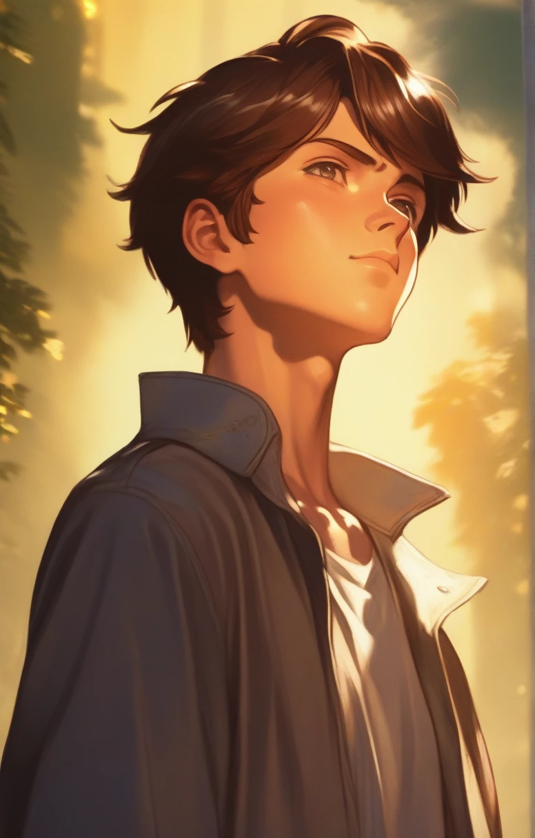 A beautiful anime style close shot boy with brown hair, standing in a sunlight environment, facial features, highly detailed character, lighting, glowing sunlight, vibrant colors, digital art, masterpiece, manga, anime