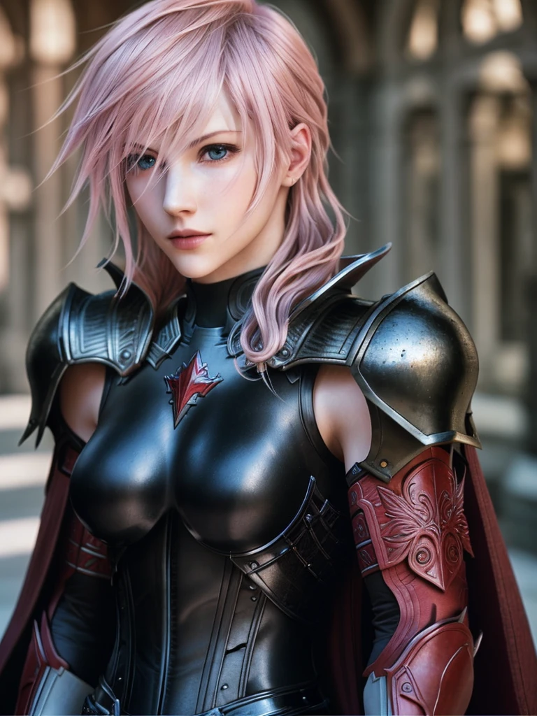 masterpiece, highest quality, RAW, analog style, A stunning portrait of a beautiful woman,  pink hair, pale skin, vibrant blue eyes, wearing black and red armor, red cape, (highly detailed skin, skin details), sharp focus, 8k UHD, DSLR, high quality, film grain, Fujifilm XT3, frowning, intricate details, highly detailed, cluttered and detailed background