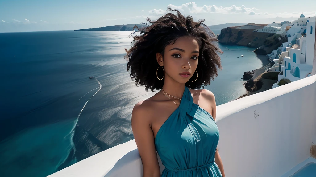 comely black girl, afro hair, curly textured hair. comely detailed face, high détail, olho comely. highly detailed hands. comely, flowing, transparent cloth summer dress. Ocean view of Santorini Greece. comely blue dome architecture, Daytime architecture. Mediterranean. Light reflected in sea waves in the distance. Beautiful dramatic sky