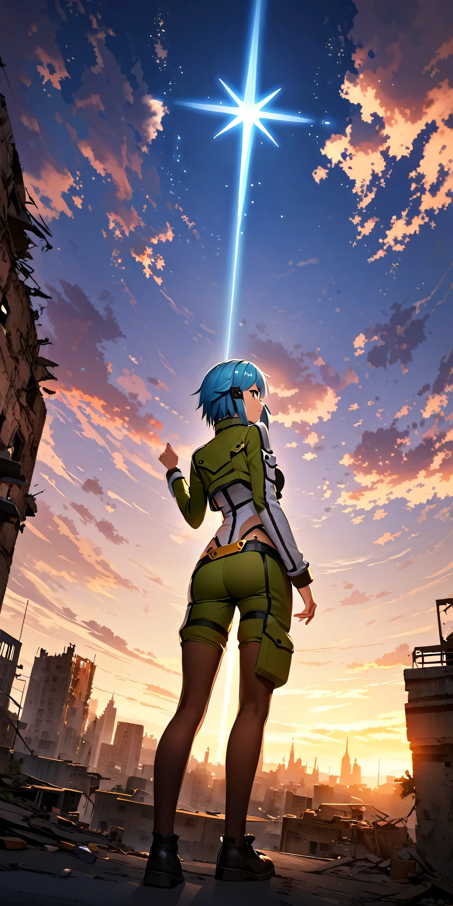 A girl(16 years old), sinonggo, short hair with pale blue color, looking to the sky, one hand holding the hair, behind the view, standing on top of a building, the sky is so beautiful, (the night sky with the falling of stars), the moon is so beautiful in the middle top view, (there are many damaged buildings), silent place, beautiful view, the night wind blowing,from below, BREAK ,quality\(8k,wallpaper of extremely detailed CG unit, masterpiece,hight resolution,top-quality,top-quality real texture skin,hyper realisitic,increase the resolution,RAW photos,best qualtiy,highly detailed,the wallpaper,cinematic lighting,ray trace,golden ratio\),long view