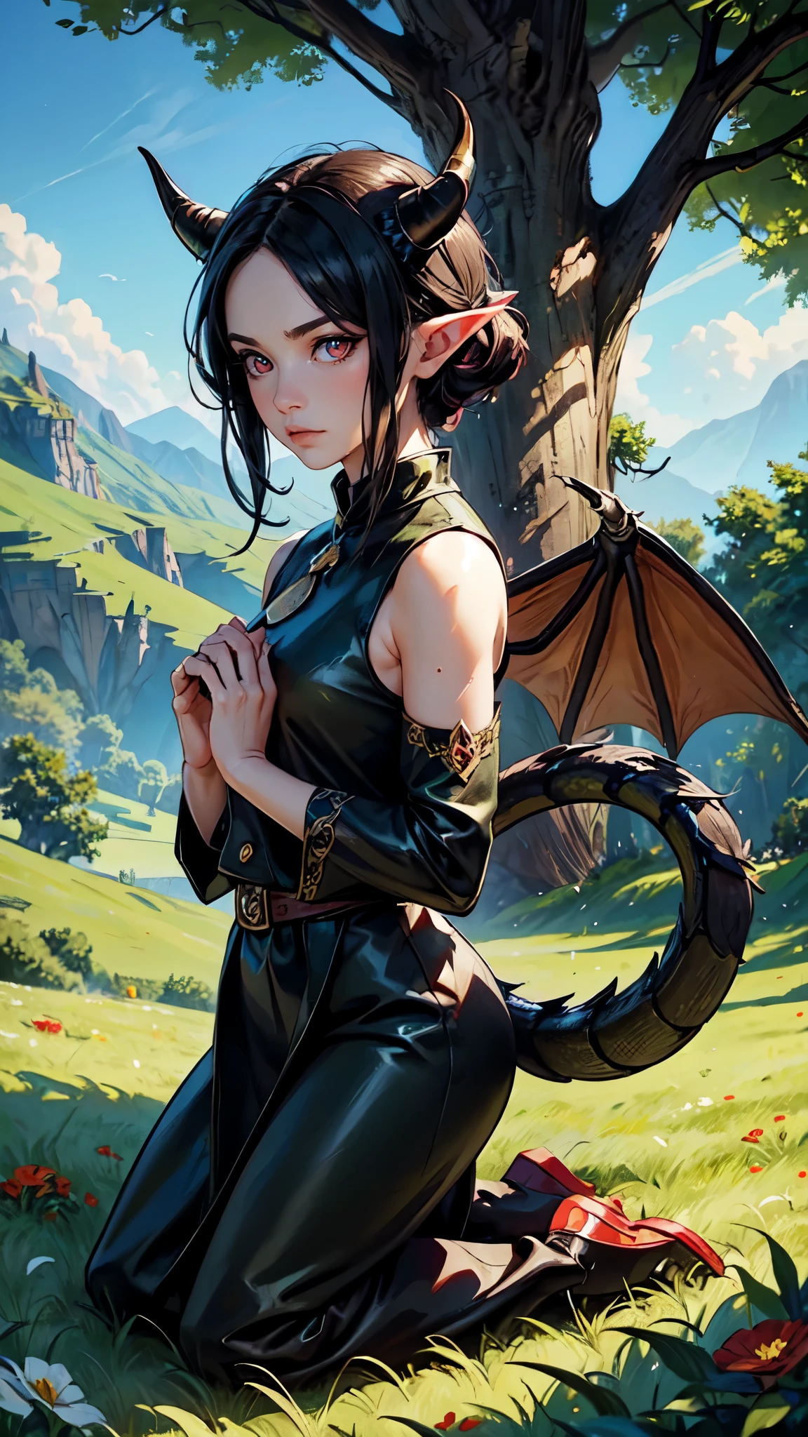 chibidragon, Dal 3, dragon, cola de dragón, alas de dragón, cuernos de dragón, paisaje, naturaleza, árbol, Césped, Luz moteada, ojos rojos, Ojo de gato, pupila hendidura,ojos detallados, manos detalladas, ojos detallados, mujer elfa, flores, pelo húmedo, flores, cuerpo completo
