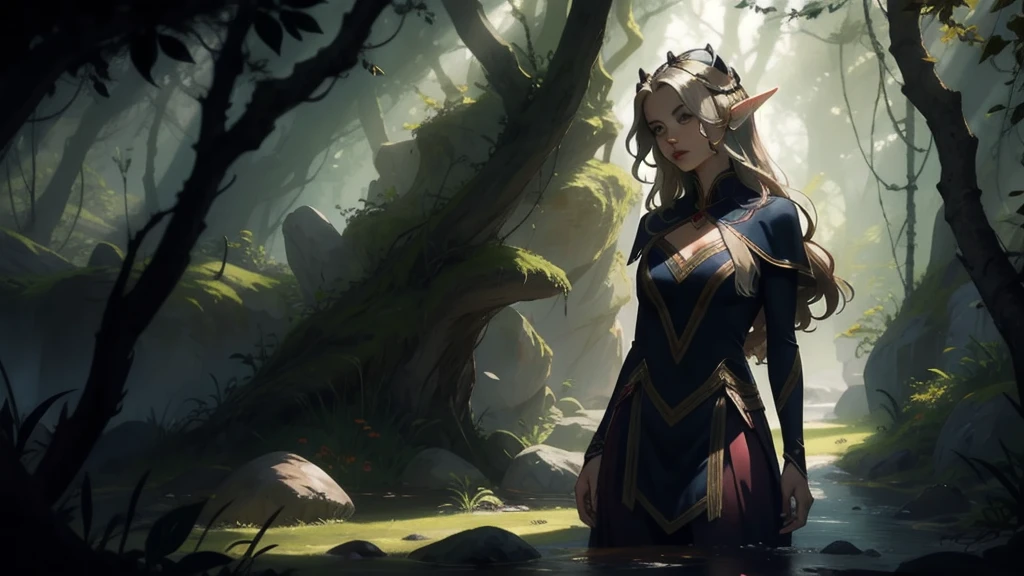 "Elf with a captivating look, unearthly beauty, flowing golden hair, pointed ears, dressed in elaborate elven attire, surrounded by a mystical forest, soft sunlight, breaking through lush greenery."