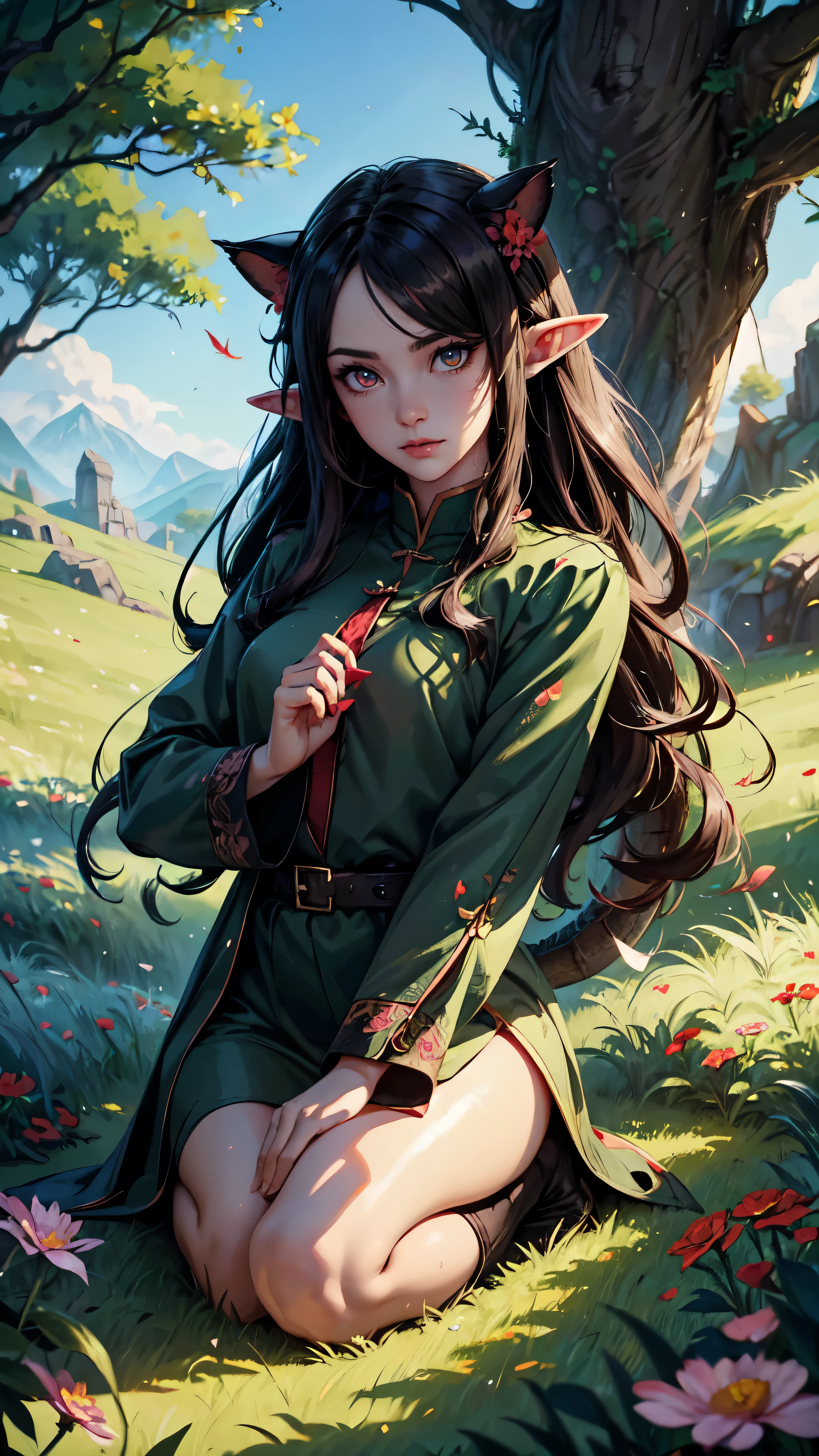 chibidragon, Dal 3, dragon, dragon tail, dragon wings, dragon horns, landscape, nature, Tree, Grass, Dappled light, red eyes, cat eye, slit pupil,detailed eyes, detailed hands, detailed eyes, elf woman, flowers, wet hair, flowers, full body
