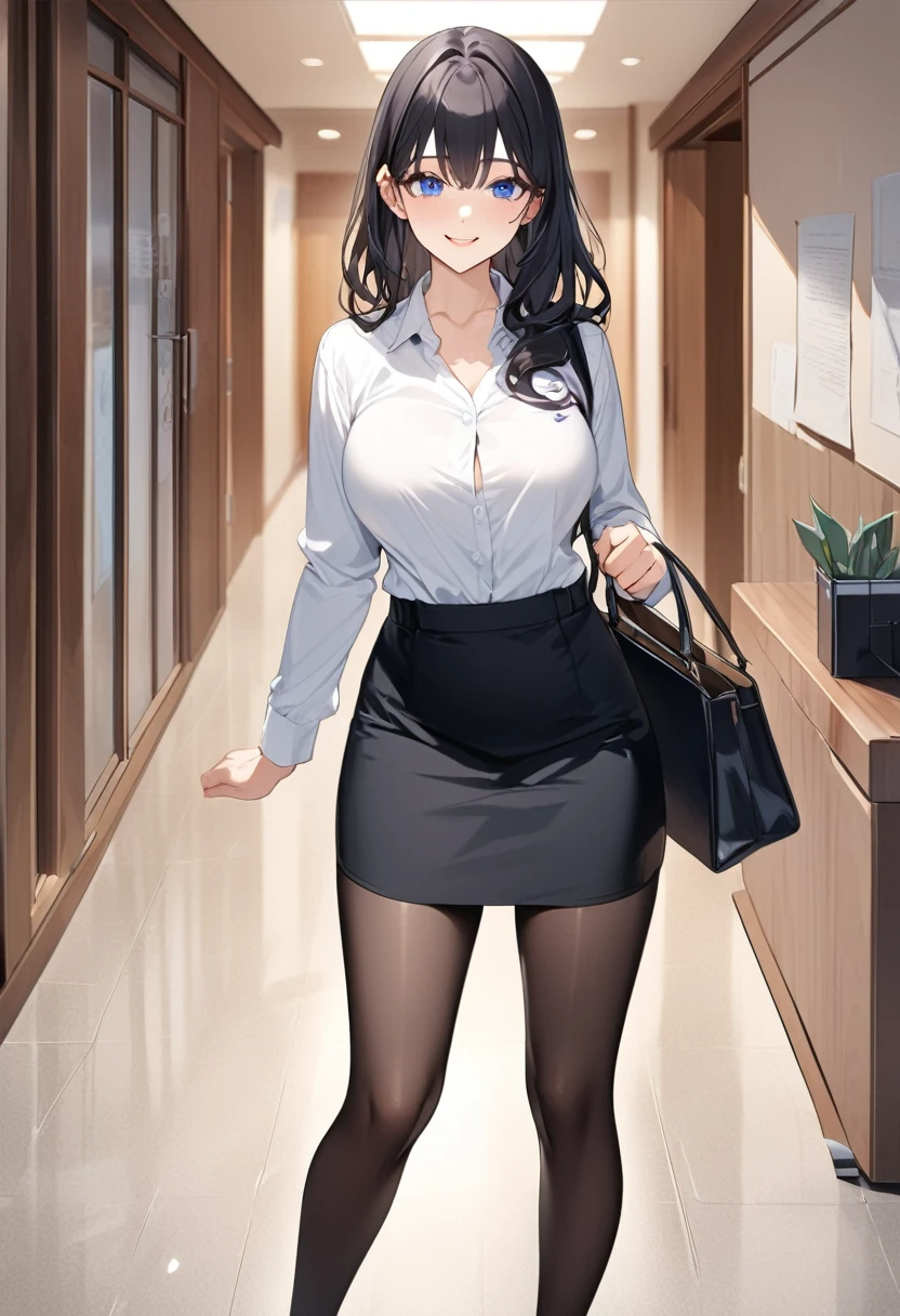 (Highest qualityのイラスト:1.2), (Black Hairの美少女:1.1), (1 girl、17 years old、Highest qualityのイラスト:1.2), (1 girl、Kind eyes、blue eyes:1.2)、((Black Hair:1.2))、Semi-long hair、(Highest quality、Very detailed、cute、Ultra-high resolution) 、Larger breasts、office lady, {white business shirt, Black pencil skirt、cardigan、 pantyhose}, Front facing、smile、