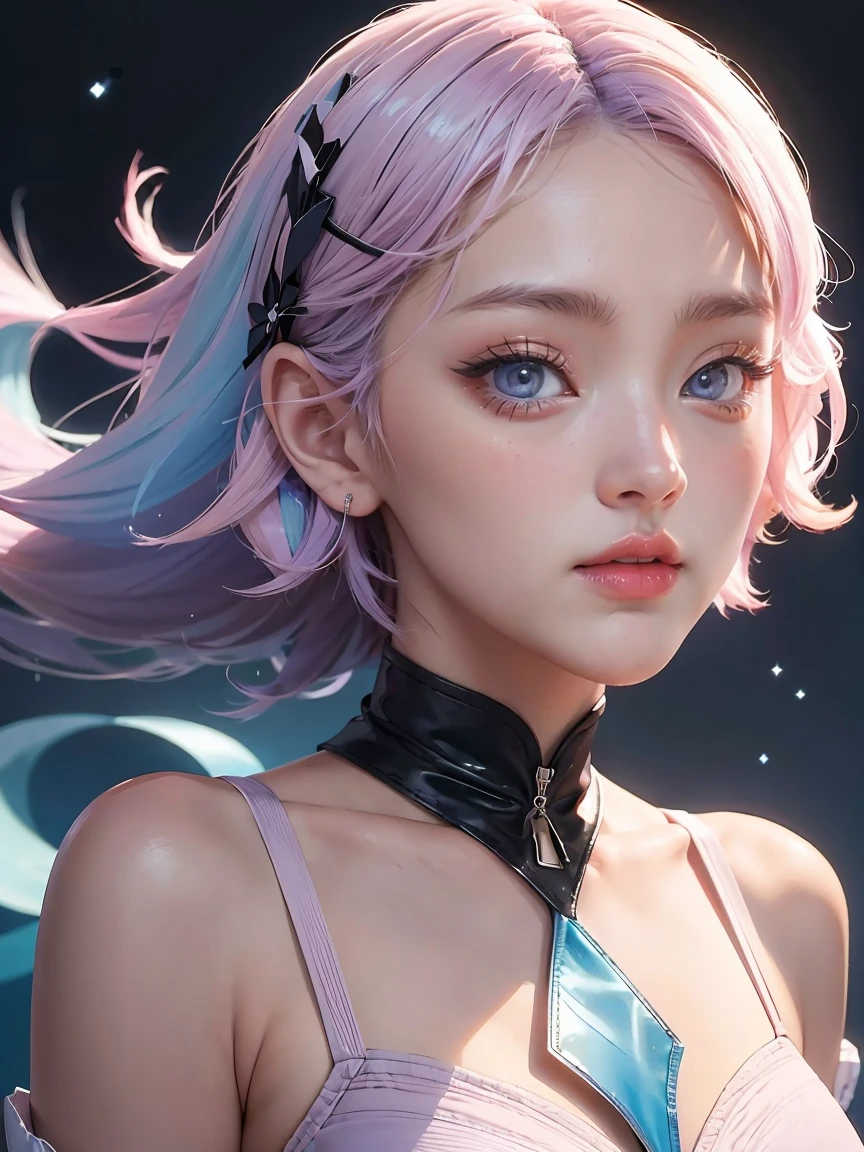 ((masterpiece,best quality)),(negative space:1.4),(1girl, solo:1.4),beautiful detailed eyes,floating pastel pink and lavender hair, lavender eyes, at night, starry sky, stars shining