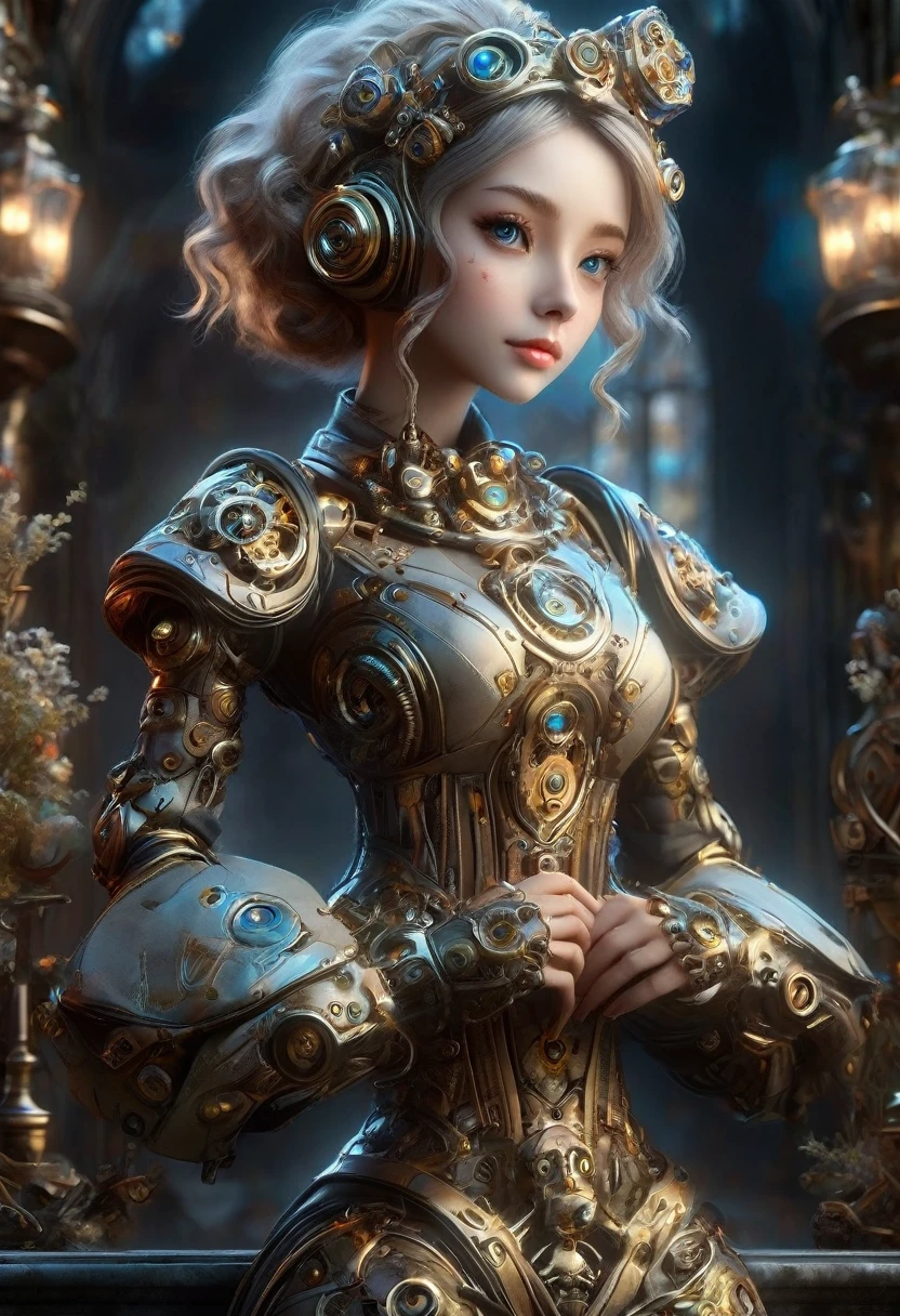 masterpiece, best quality, highly detailed,, solo, twintails, off-shoulder sweater, choker, large glasses, gold locket, jacket, hairband, looking at viewer, smile, blush, Wide Smile, Eyes Detailed & Wide, sexy Pose. Ultra HD, Rococo-Inspired Fantasy Art With Intricate Details. Cute, ooking at viewer Beautiful Eyes, An-Ideal-Figure. symmetrical face, photorealistic, photography, path tracing, specular lighting, volumetric face light, path traced hairmaximum quality{(masutepiece) (8K High Resolution) (top-quality) In the style of breath of the wild.medieval monastery garden,steampunk robot monk,beautiful ornate architecture,steampunk machinery and gears,exquisite stained glass windows,enchanted flower garden,ancient stone walkway with intricate carvings,glowing candles and dimly lit atmosphere,steam and smoke billowing from the machinery,mystical atmosphere,peaceful and serene setting,mechanical wings attached to the robot monk's back,robot monk with intricate clockwork mechanisms,electromechanical eyes glowing with energy,warm golden color palette,gentle sunlight streaming through the stained glass windows,whispering sound of wind and rustling leaves,the scent of aged books and incense,notes of ancient Gregorian chants echoing in the air,sense of awe and tranquility,combination of futuristic and medieval elements,harmony of technology and spirituality.
