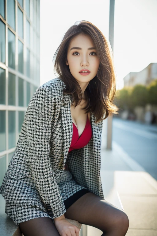 (Highest quality、Ultra-high resolution、masterpiece、8K、Realistic raw photo)、(Delicate face、Detailed eyes and face、Watery eyes、double eyelid、Glossy lips), ((1 girl)) 、Very beautiful woman、Slender、Slim Big、Sharp long legs、Alluring and sexy、(Houndstooth blazer:1.2)、(Houndstooth skirt:1.2),(silk pantyhose:1.1),(High heels)、Cleavage、High-definition skin texture、The wind is blowing、Sunlight shining、Modern architecture in the background、Above the knee shot、((Perfect Anatomy、Anatomically correct:1.2))
