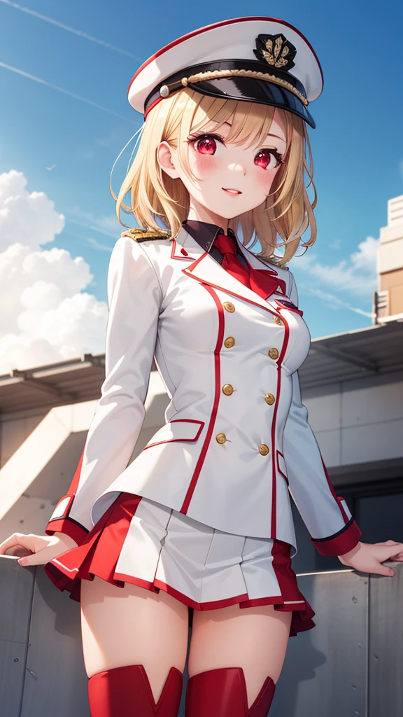 masterpiece, ultra-detailed, illustration, game cg, best quality, highres, kitagawa marin, 1girl, short fluffy blonde hair, swept bangs, gradient hair, red eyes, glossy lips, light smile, blush, medium breasts, military hat, red puffy miniskirt, white blazer, red thigh boots, standing, blue sky