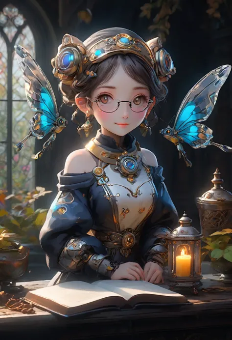 masterpiece, best quality, highly detailed,, solo, twintails, off-shoulder sweater, choker, large glasses, gold locket, jacket, ...