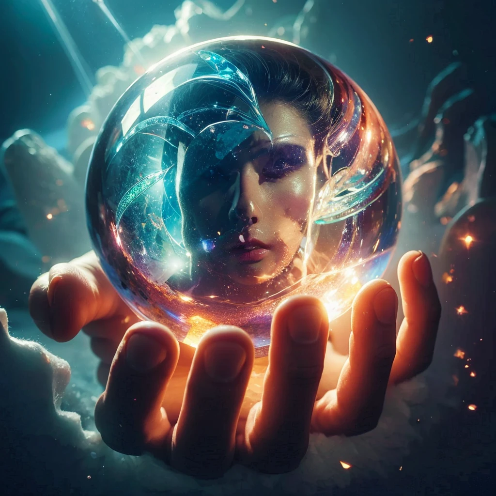someone holding a crystal ball with a picture of a face in it, beautiful digital art, beautiful image ever created, very beautiful digital art, digital art picture, artistic digital art, beautiful gorgeous digital art, surrealism!!!!, surreal dream, surreal realistic, beautiful!!! digital art, crystal ball, gorgeous digital art, amazing photography, surrealistic digital artwork, stunning digital art