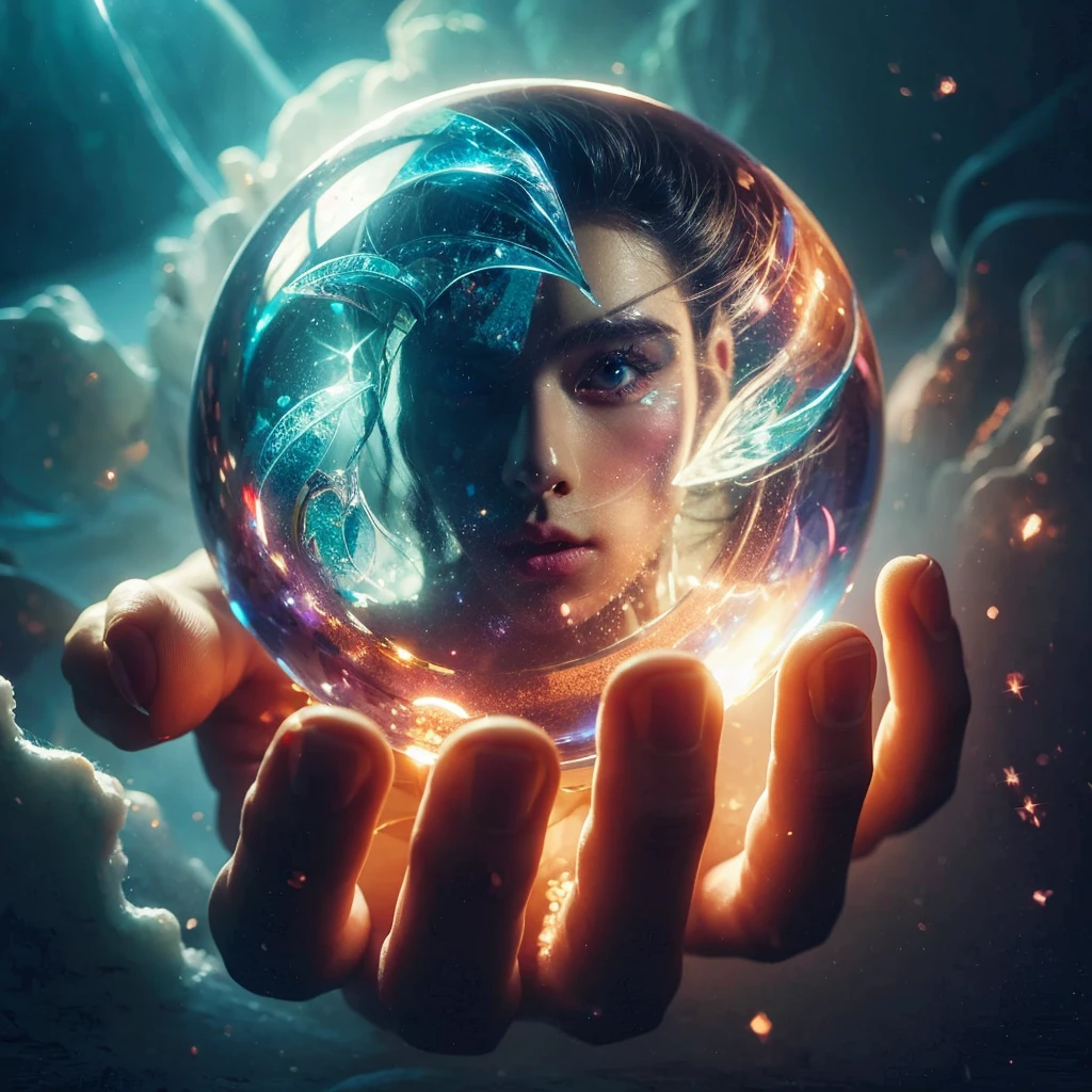 someone holding a boule de cristal with a picture of a face in it, Beau art numérique, Beau image ever created, very Beau art numérique, art numérique picture, artistic art numérique, Beau gorgeous art numérique, Surréalisme!!!!, rêve surréaliste, surréaliste et réaliste, Beau!!! art numérique, boule de cristal, gorgeous art numérique, Photographie étonnante, surrealistic art numériquework, stunning art numérique