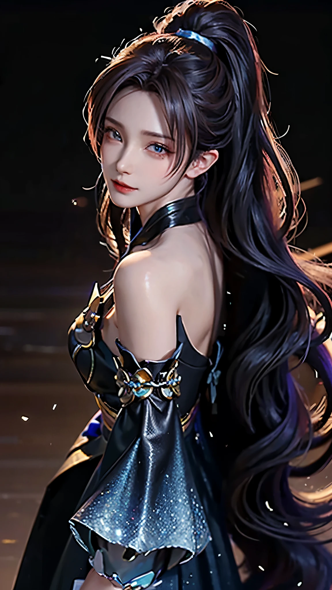 4k ultra high definition、best quality, masterpiece, Ultra-high resolution, (Reality: 1.4), 1 girl, Purple Eyes, Off-the-shoulder sweater dress, Light、purple and black hair、((Dark Makeup、Oily skin,有Light泽的皮肤、Realistic skin texture、Delicate and beautiful skin、容Light焕发的皮肤)), Dark city center at night、Kabukicho、Dark cyberpunk、(panoramic:1.8)(masterpiece, best quality, Extremely detailed, The best shadow), (Detailed background,Dark Fantasy), (Beautiful and delicate face), High contrast, (Optimal Lighting, Extremely refined), ((Light)), rich and colorful, Extremely detailed, 戏剧性的Light, Intricate details, (1 girl, solitary,Black Hair, Pointed face,Low double ponytail,Red Eyes, Hair between the eyes,Dynamic Angle), Blood splatter, Black Light swirling around the character, Depth of Field,Black Light particles,(shattered glass) Ultra-clear, Detailed description, Detailed legs, Oily skin, texture, best quality, 最好的Light线,  Detail face, clavicle, 腿very long, very long, Long hair random color, Eye color random, Light污染, 8K, 3d, Hair accessories with bows, Big goals, Smile, Express, action, sailor, Handcrafted, 8K HD, Star Guardian, Oily skin, Best Angle, Ultra-high-definition picture quality, role play, Unreal Engine, 最佳Light泽, best quality, masterpiece, Highest image quality, 