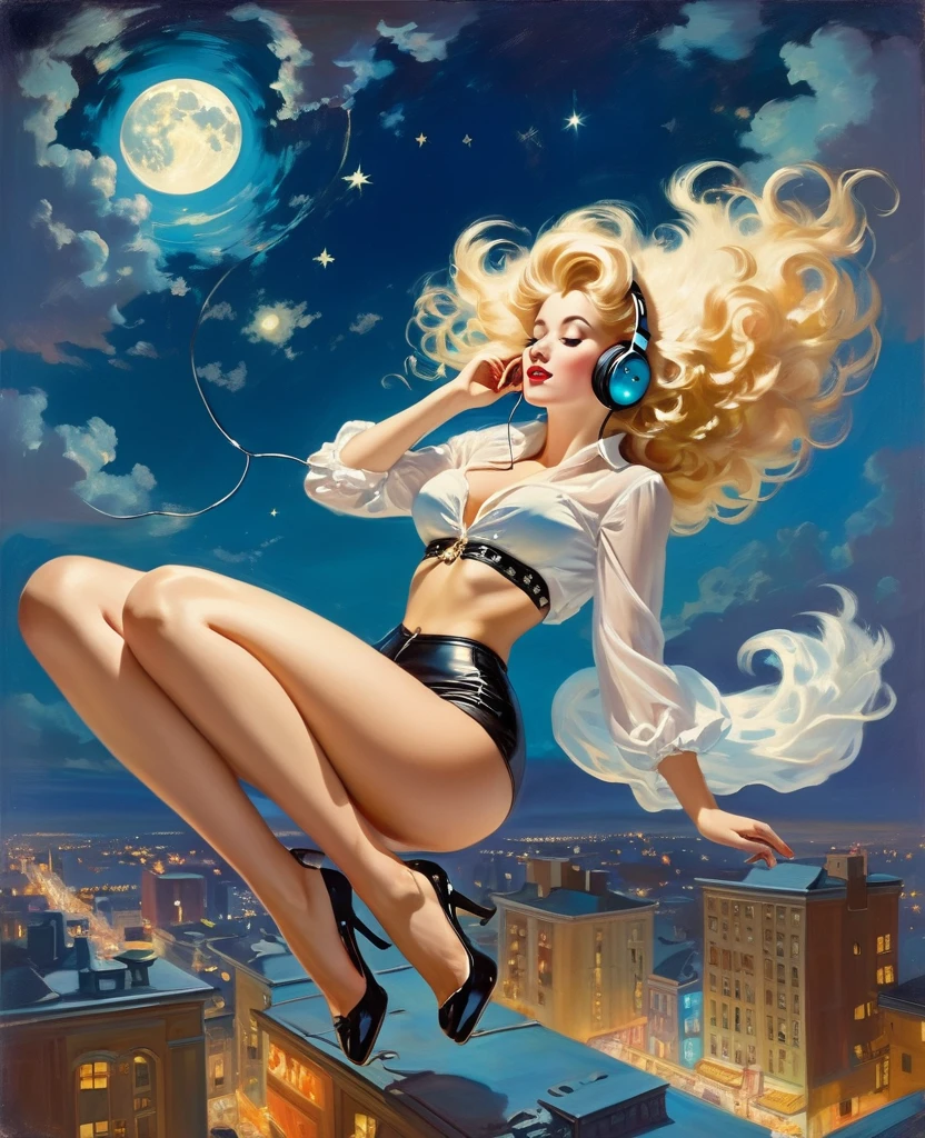 A Gil Elvgren pin-up style painting of a beautiful blonde woman with big messy hair,  floating on a cloud gracefully laying on the cloud, wearing headphones, with moon light, twinkling stars and stardust, vibrant and colorful, full body shot, looking down at a small city at night, cityscape 