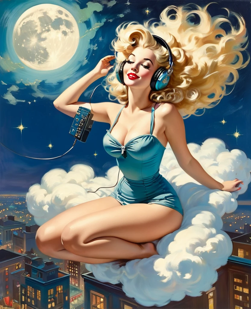 A Gil Elvgren pin-up style painting of a beautiful blonde woman with big messy hair,  floating on a cloud gracefully laying on the cloud, wearing headphones, with moon light, twinkling stars and stardust, vibrant and colorful, full body shot, looking down at a small city at night, cityscape 