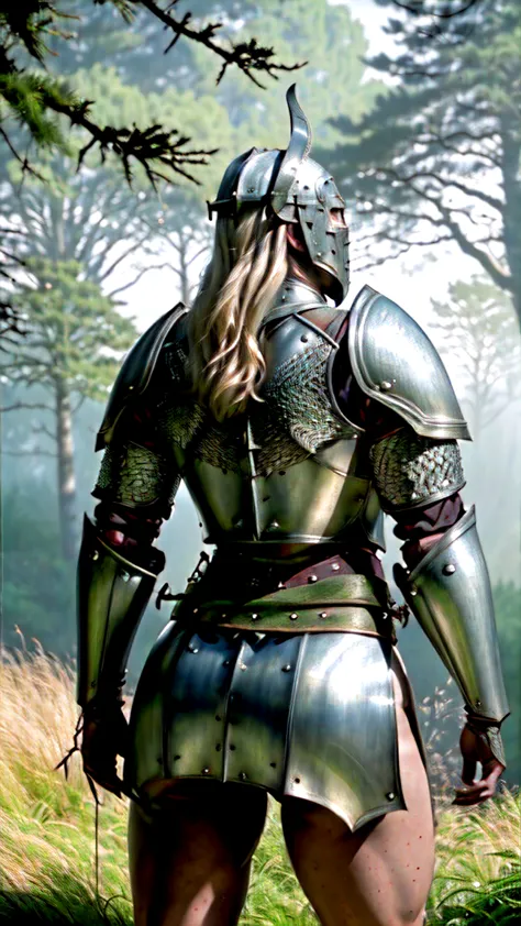 Highest quality, rear angle, low level shot, photo of a [Medieval|Fantasy] female knight with (muscular ass), (wearing [Chainmai...