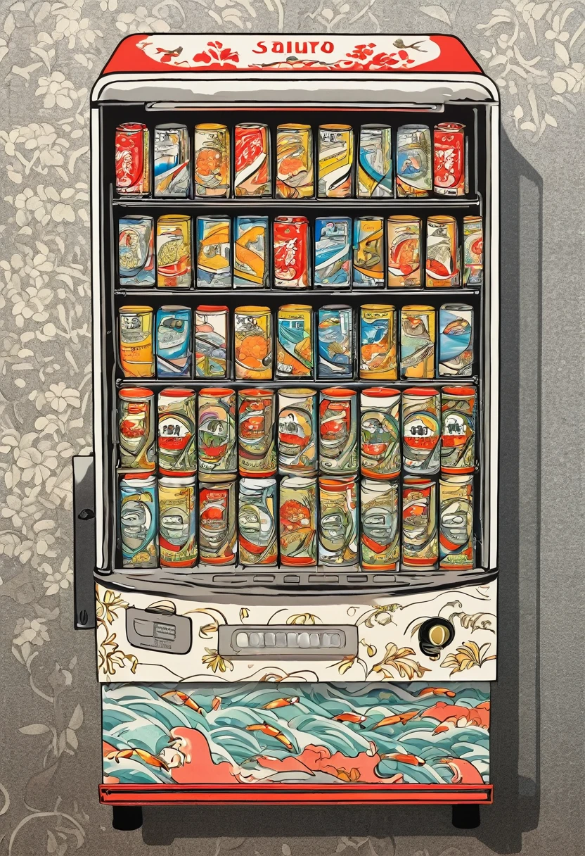 Verkaufsautomat für Sardinenkonserven, ukiyo e, zeitgenössischer Stil, ((detailliert und ausdrucksstark )), Fine-Art-Stil, viele feine Linien und voller Farbschattierungsstil, gedeckte Farben, vollständiger Hintergrund mit detaillierter Strichzeichnung