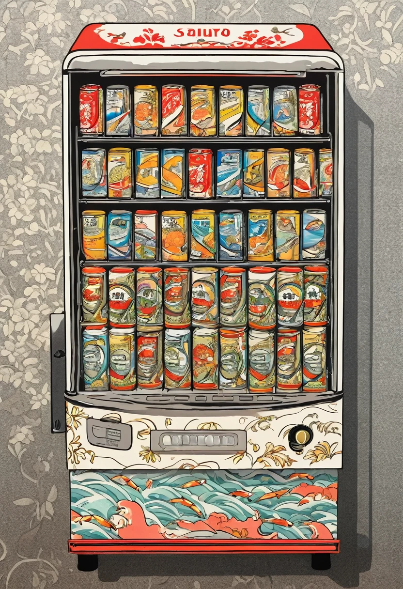 Tinned sardine vending machine, ukiyo e, contemporary style, ((detailed and expressive )), fine art style, lots of fine lines and full colour shading style, muted colours, full background with detailed line art