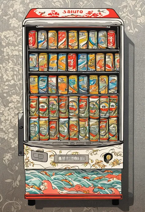 Tinned sardine vending machine, ukiyo e, contemporary style, ((detailed and expressive )), fine art style, lots of fine lines an...
