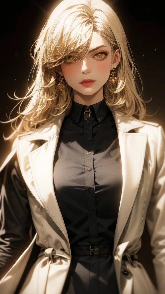 a beautiful young woman with delicate features, detailed yellow eyes, elegant lips, and long eyelashes, wearing a long white coat and black shirt with long sleeves, posing in an intricate and highly detailed scene, masterfully rendered in a photorealistic style with exceptional quality, vivid colors, and perfect lighting