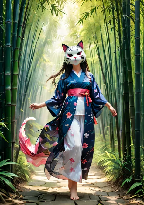 girl wearing a japanese japanese style cat mask、wearing a yukata、long straight hair with bangs、inside the bamboo forest、complex ...